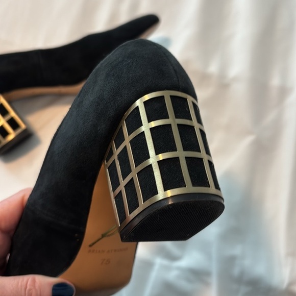 BRIAN ATWOOD Karina pumps black suede shoes
gold tone caged block heels size 7.5 - Picture 10 of 15